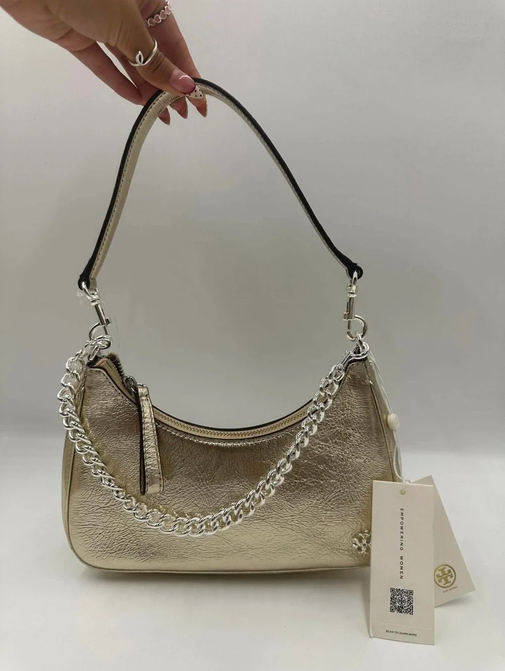 Tory Burch 151 Mercer Metallic Small Crescent Bag